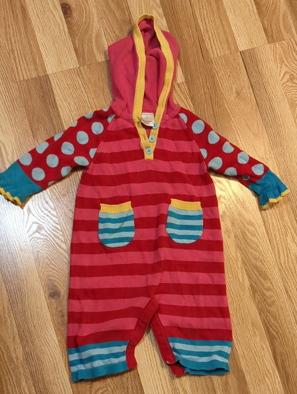 Hanna Andersson Pink and Red Striped Hooded One-Piece with Teal Accents Size 70